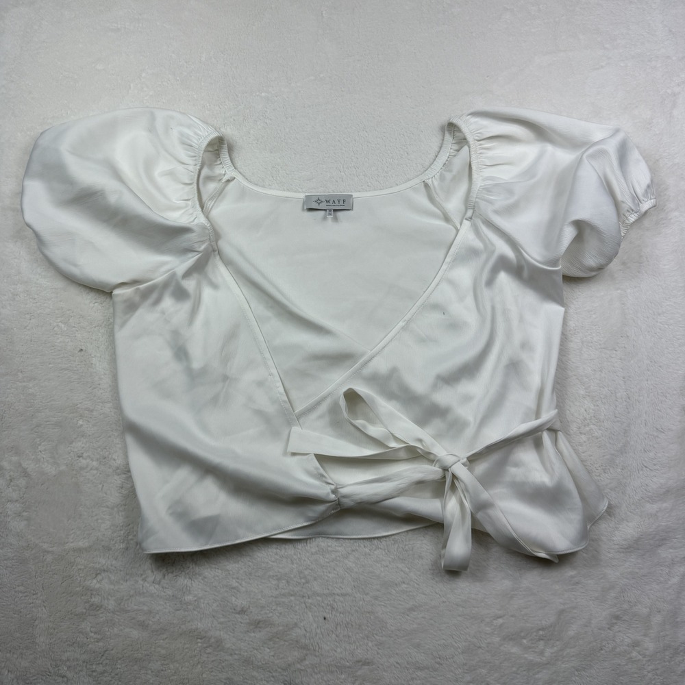WAYF White Puff Sleeve Wrap Tie Waist Blouse Top Size Medium